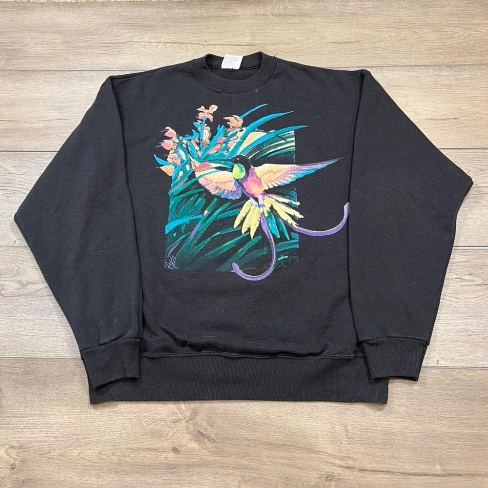 Sweatshirt nature Large Black Hummingbird Graphic Vintage 90s Made in USA